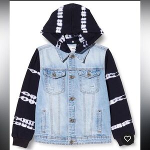 Desigual Boys Denim Jacket 11/12 Blue Black Tie Dye Hooded Button Front Logo